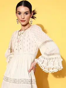 Indo Era Off White Floral Embroidered Ethnic A-Line Dress