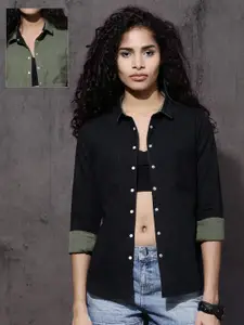 Roadster Women Black & Olive Green Reversible Sustainable Casual Shirt