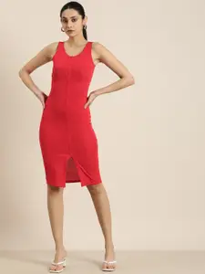 Moda Rapido Ribbed Sheath Dress With Button Placket Detail