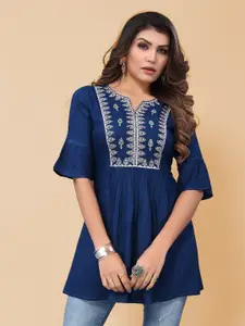 KALINI Blue Embroidered Notched Neck Longline Top