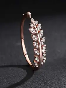 Mahi Rose Gold-Plated Crystals-Studded Cute Leafy Adjustable Finger Ring