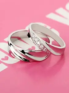 Mahi Set Of 2 Rhodium-Plated Crystal-Studded Couple Adjustable Finger Ring