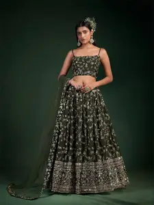 ODETTE Embroidered Mirror Work Semi-Stitched Lehenga & Unstitched Blouse With Dupatta