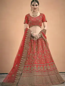ODETTE Red & Gold-Toned Embroidered Semi-Stitched Lehenga & Unstitched Blouse With Dupatta