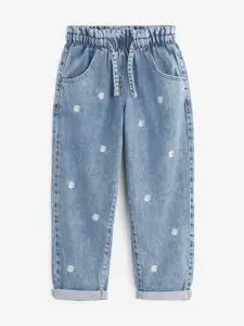 NEXT Girls Floral Embroidered Mid-Rise Regular Fit Light Fade Jeans