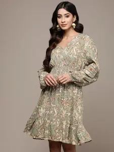 Label Ritu Kumar Sea Green Floral Crepe Dress