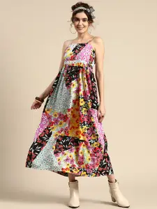 Sangria Floral Printed Shoulder Straps A-Line Midi Dress