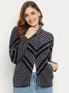 Zigo Henley Neck Front-Open Striped Wool Sweater