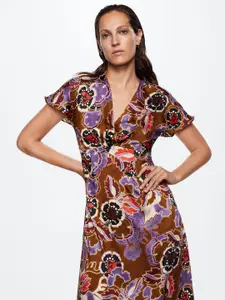MANGO Floral Printed V-Neck Satin A-Line Midi Dress