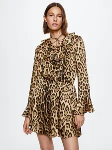 MANGO   Leopard Print Tie-Up Neck A-Line Mini Dress