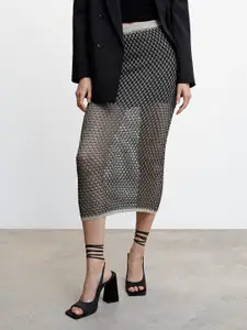 MANGO Open Knit Lurex Semi-Sheer Straight Midi Skirt