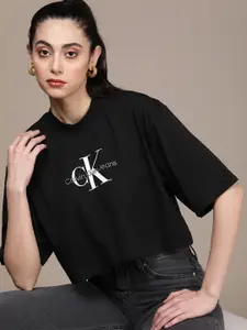 Calvin Klein Jeans Women Brand Logo Printed Drop-Shoulder Sleeves Compression T-shirt