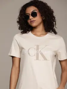 Calvin Klein Jeans Women Brand Logo Print & Embroidered Knitted Pure Cotton T-shirt