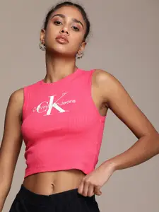 Calvin Klein Jeans Ribbed Brand Logo Print Crop Top