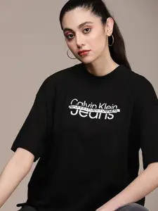 Calvin Klein Jeans Women Brand Logo Printed Extended Sleeves Pure Cotton Oversized T-shirt