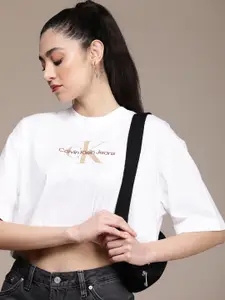 Calvin Klein Jeans Women Brand Logo Printed Drop-Shoulder Sleeves Pure Cotton Boxy T-shirt