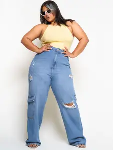 FREAKINS Women Blue Straight Fit High-Rise Highly Distressed Light Fade Jeans