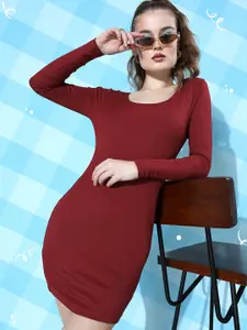 DressBerry Deep Maroon Scoop Neck Bodycon Mini We (May) Party Skewed Sexy Dress