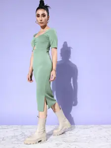 DressBerry Dusty Green Ribbed 90's Hollaback Cutout Course Sheath Midi Dress