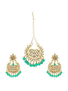 Shining Jewel - By Shivansh Gold Plated Kundan Jhumkas Earring and Maang Tikka Set