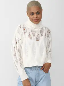 FOREVER 21 Women Cable Knit Crop Cotton Pullover Sweater