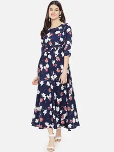 Yaadleen Floral Printed Round Neck A-Line Midi Dress