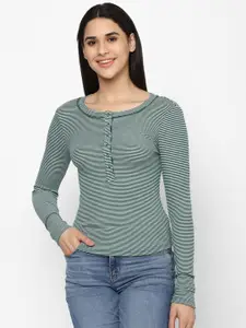 AMERICAN EAGLE OUTFITTERS Women Striped Henley Neck Slim Fit T-shirt