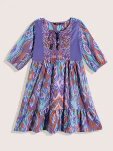 Sangria Girls Abstract Printed Embroidered Detail Tie-Up Neck Empire Dress