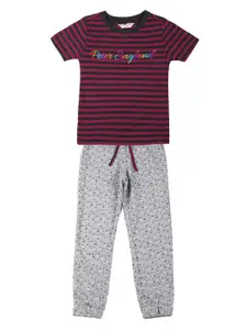 Peter England Girls Striped Pure Cotton T-shirt with Pyjama Set