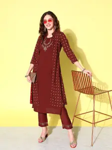 SheWill Ethnic Motifs Embroidered Sequinned Kurta Set With Shrug