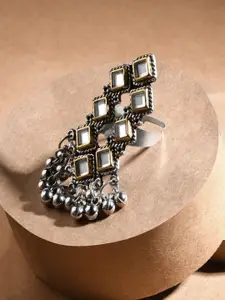 Fida Oxidized Silver-Plated Mirror-Studded Adjustable Finger Ring