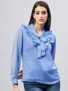 Marie Claire Blue Striped Tie-Up Neck Ruffles Chiffon Top