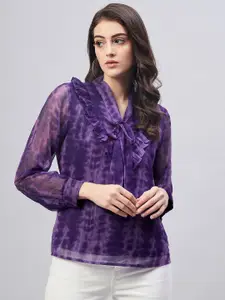 Marie Claire Purple Tie and Dye Tie-Up Neck Ruffles Chiffon Top