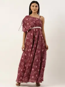 Ethnovog Floral One Shoulder Georgette Maxi Ethnic Dress