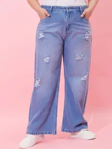 CURVY STREET Women Flared High-Rise Highly Distressed Light Fade Pure Cotton Jeans