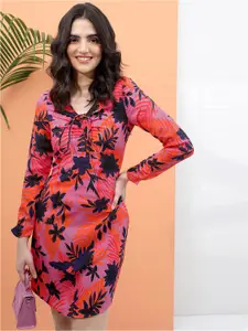 Tokyo Talkies Tropical Tie-Up Neck A-Line Dress