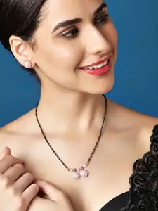 Rubans Rose Gold-Plated Stone-Studded & Beaded Mangalsutra With Earrings
