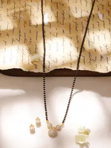 Rubans 18k Gold-Plated Mangalsutra with Cubic Zirconia Studded Round Pendant & Earrings