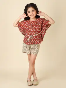 Fabindia Girls Red & Beige Printed Top with Shorts