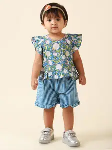 Fabindia Kids Girls Printed Cotton Top with Shorts