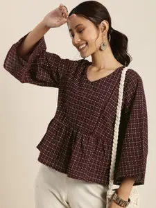 Taavi Woven Legacy Flared Sleeves Textured Pure Cotton Peplum Top