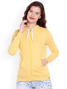 Campus Sutra Women Yellow Solid Hooded Sweatshirt