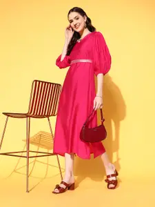 Yufta Pink Puff Sleeves A-Line Midi Dress with Belt