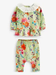 NEXT Girls Floral Print Pure Cotton Top with Trousers