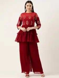 Ethnovog Ethnic Motifs Embroidered Tiered Sequinned Top With Palazzos