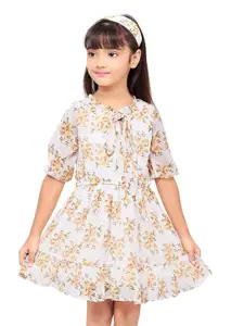 Doodle Girl Floral Printed Tie-Up Neck Fit And Flare Dress