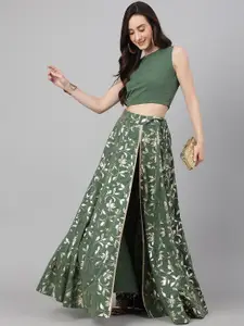 Janasya Women Floral Foil Print Gotta Patti Crepe Lehenga Choli With Trousers