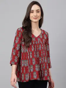Janasya Women Maroon Cotton Floral Block Print Flared Top