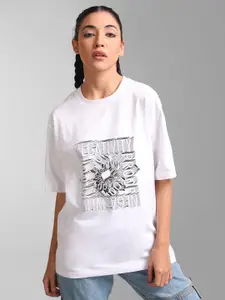 KZ07 By Kazo Women White Typography Printed T-shirt