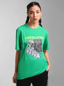 KZ07 By Kazo Women Green Typography Printed T-shirt
